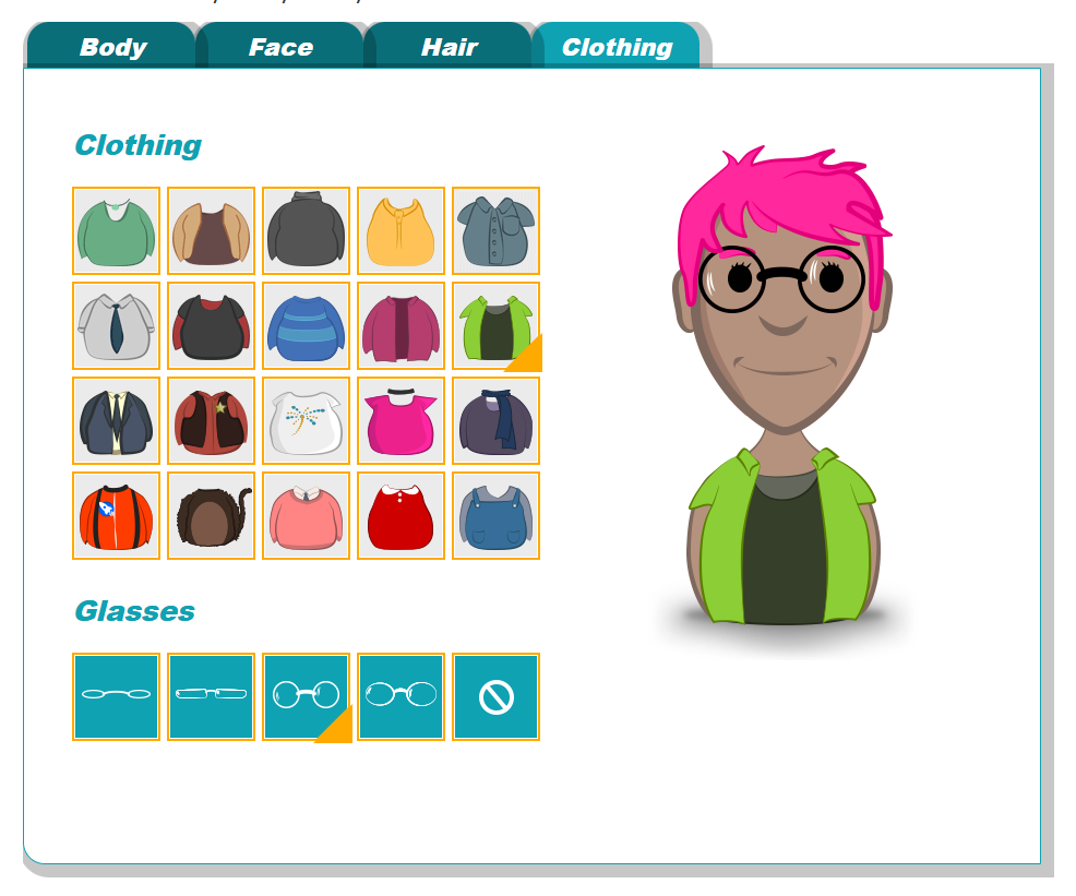 Screenshot of the avatar builder, where learners could customize a character to represent them throughout the training