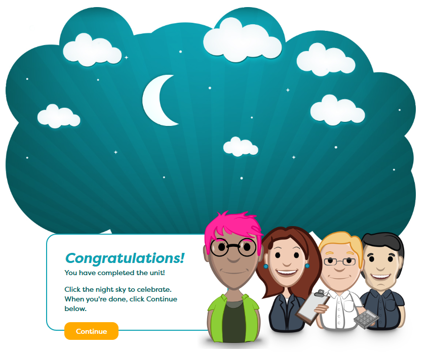 Screenshot of the celebration screen that appears at the end of each unit.
