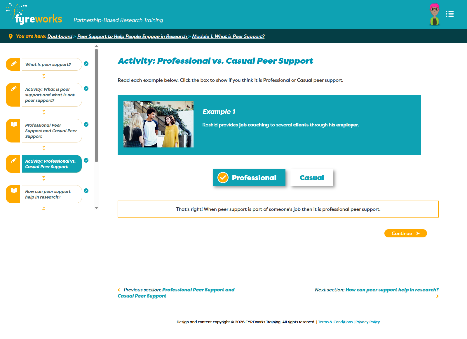 Screenshot from the expansion unit: Peer Support to Help People Engage in Research showing an exercise that asks learners to distinguish between casual and professional peer support