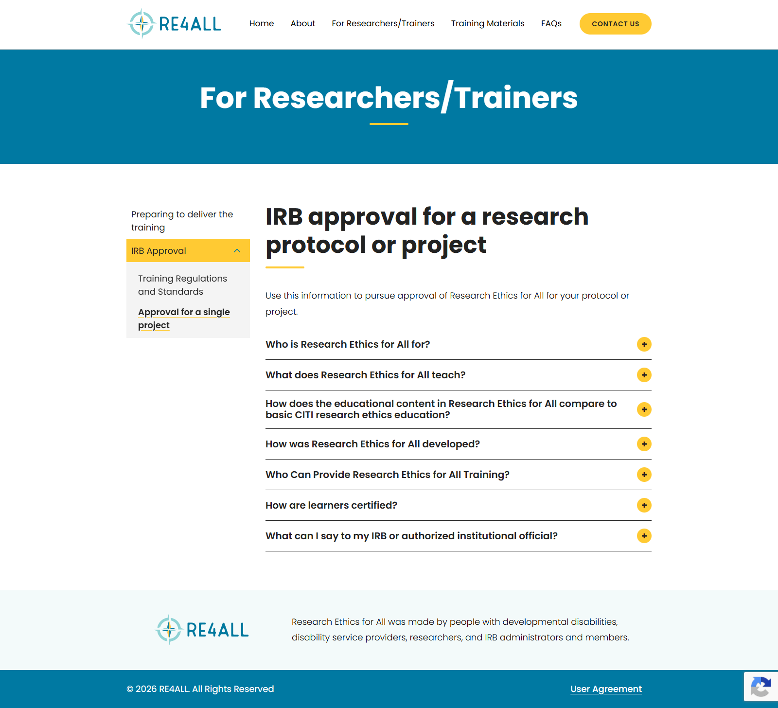 Screenshot of RE4ALL website showing IRB approval information for researchers