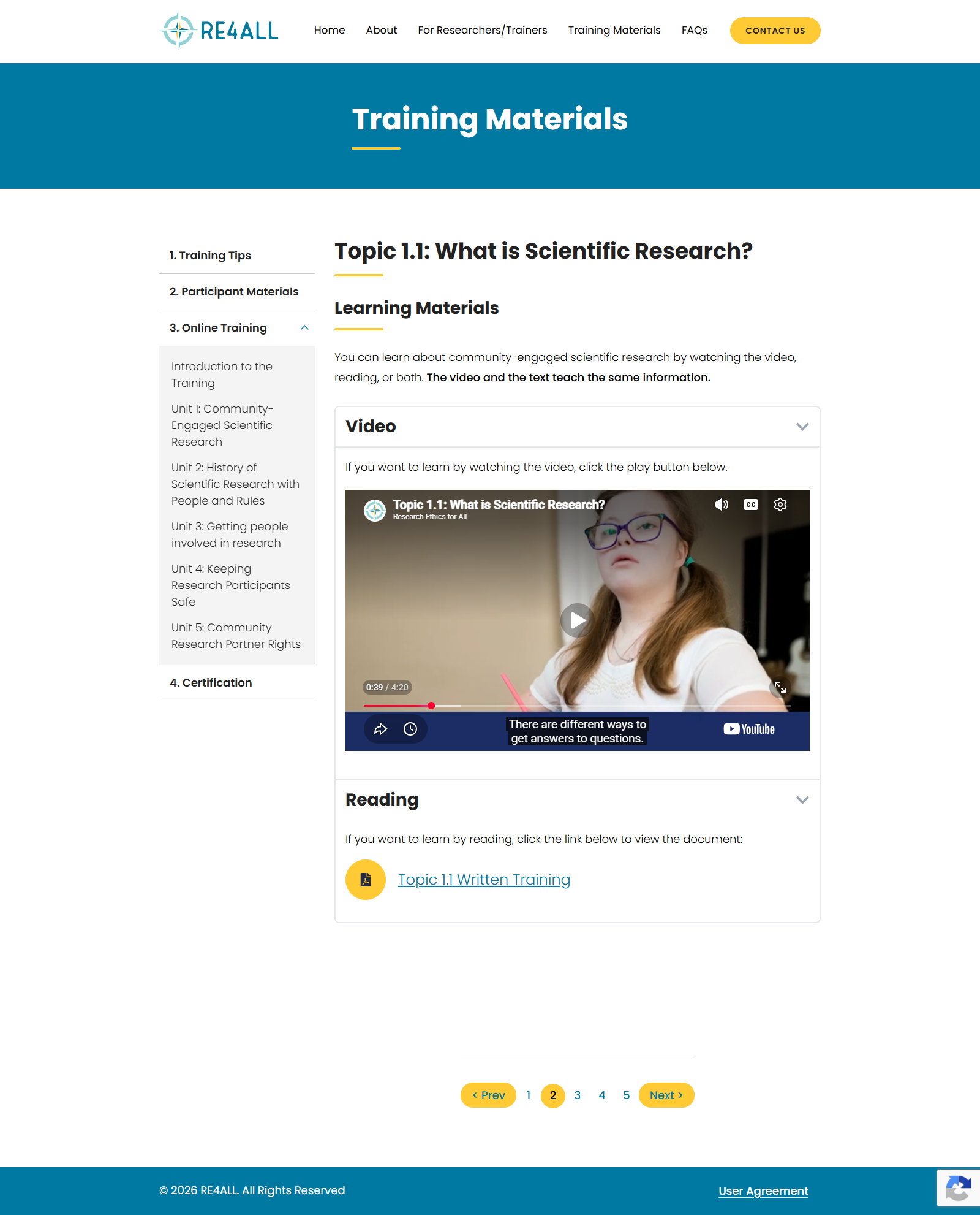 Screenshot of RE4ALL training page