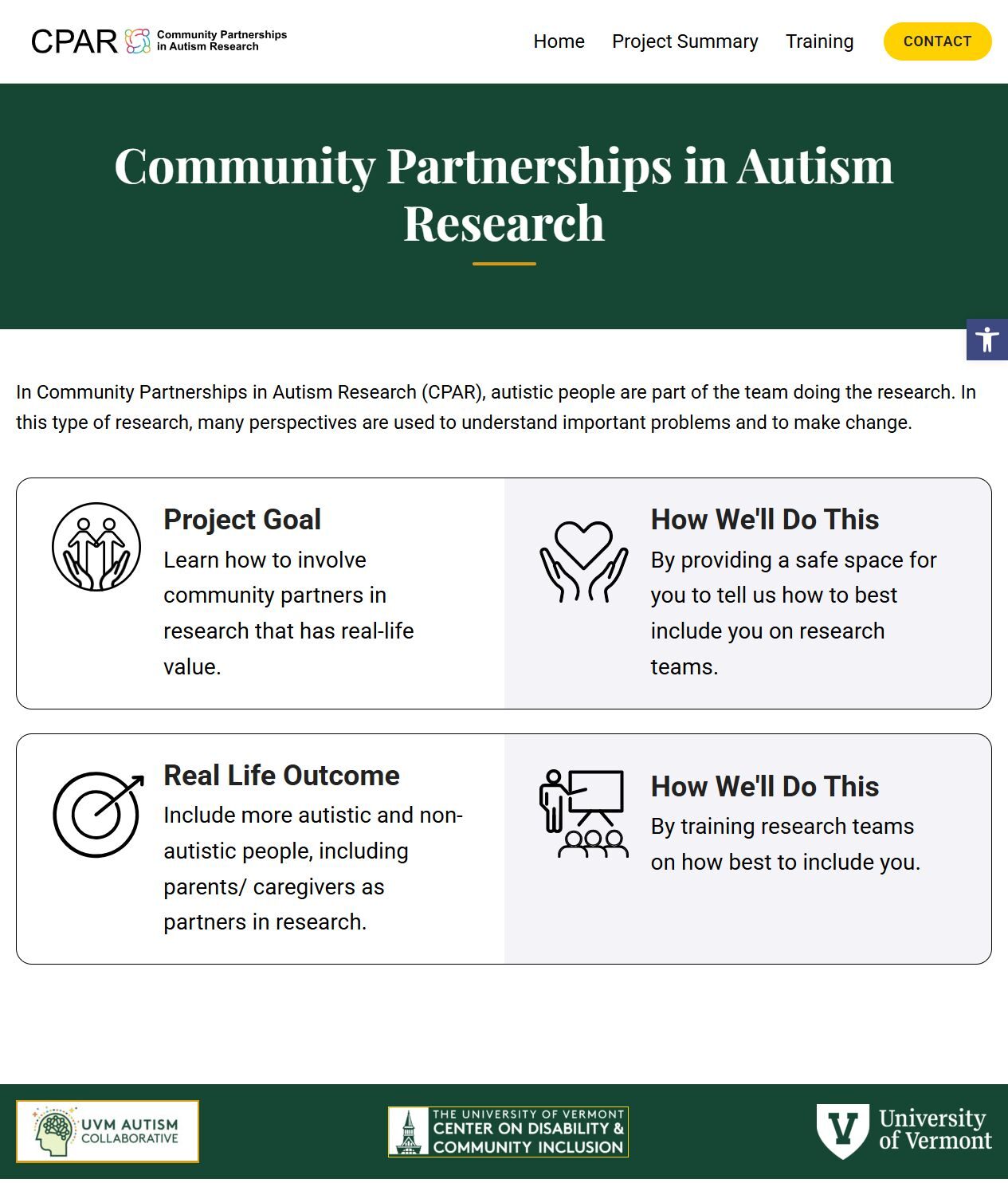 CPAR homepage describing the project goal and inclusive research partnerships.
