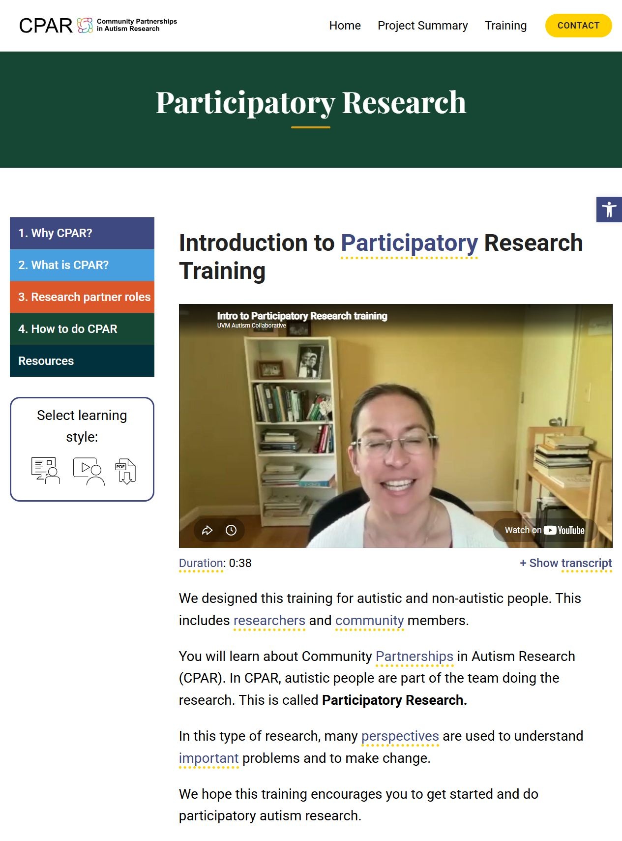 CPAR Participatory Research training page with module navigation, learning format choices, and introductory video.