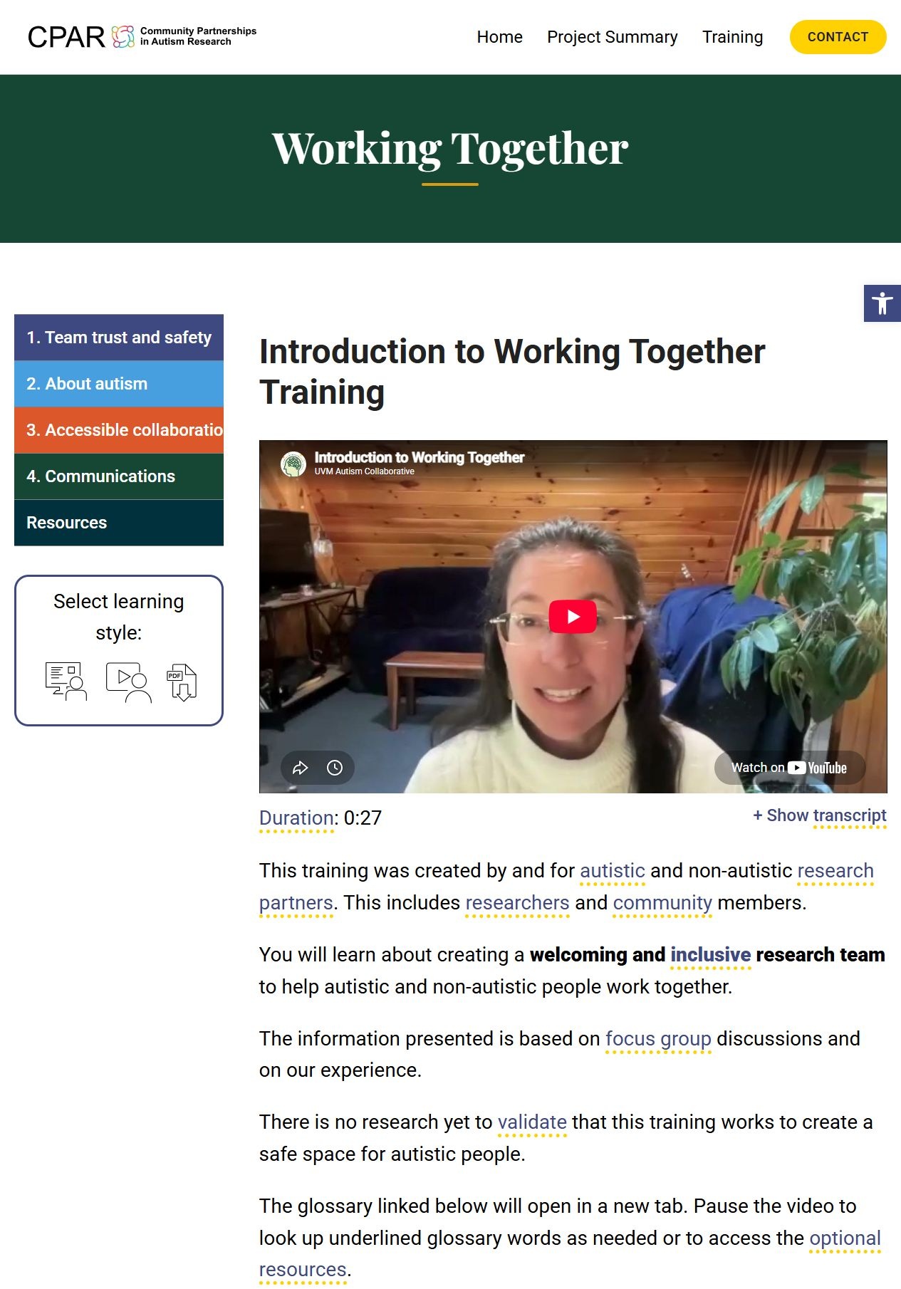 CPAR Working Together training page with sections on team trust, autism, accessible collaboration, and communication.