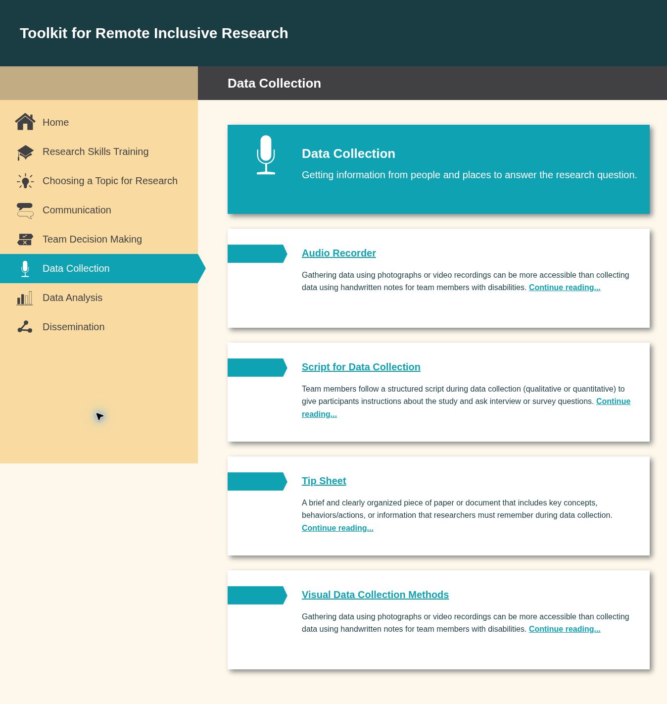Data Collection section with research-phase navigation and cards for relevant strategies.