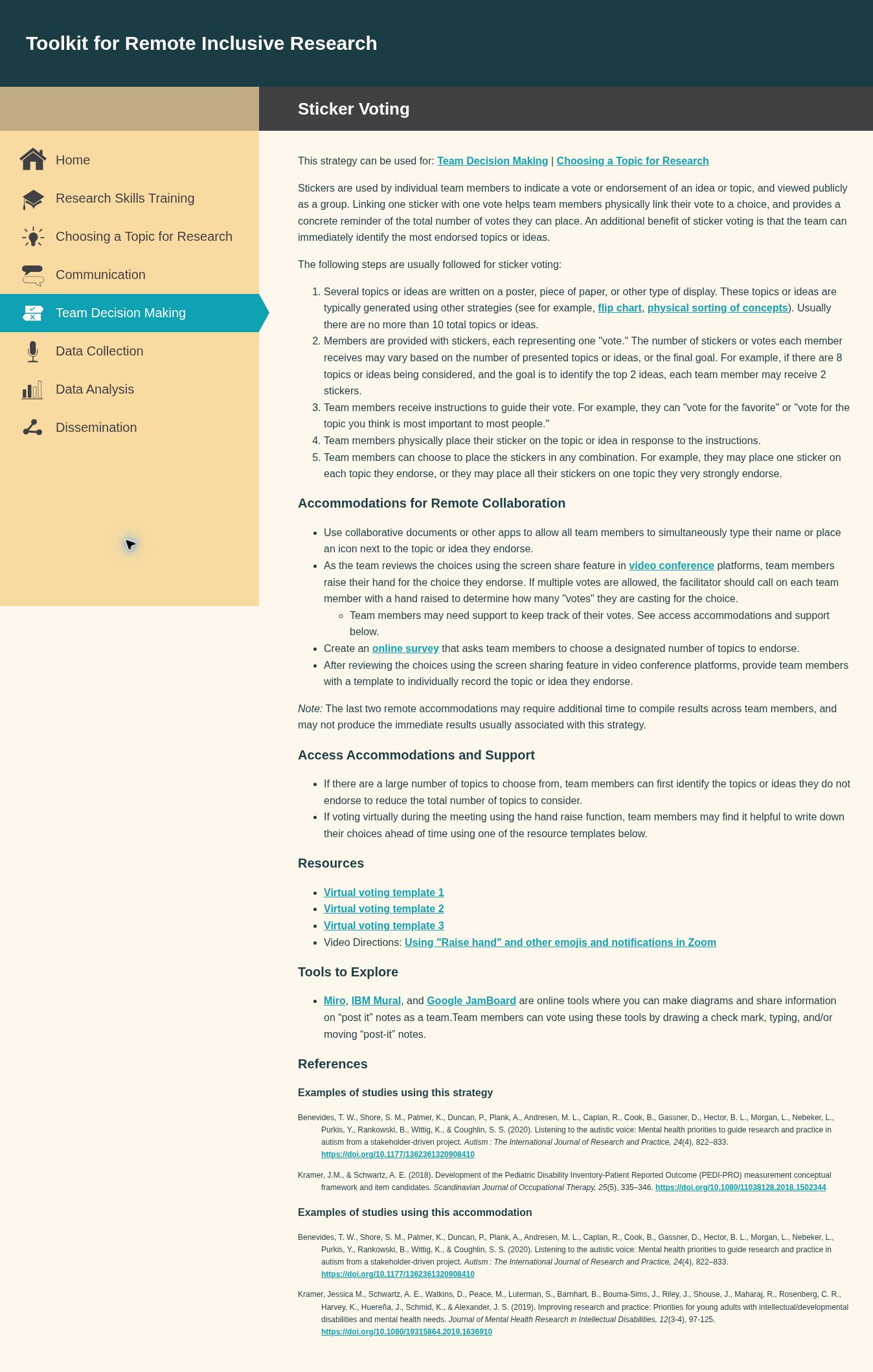 Sticker Voting strategy page with remote adaptations, access supports, voting templates, and research references.