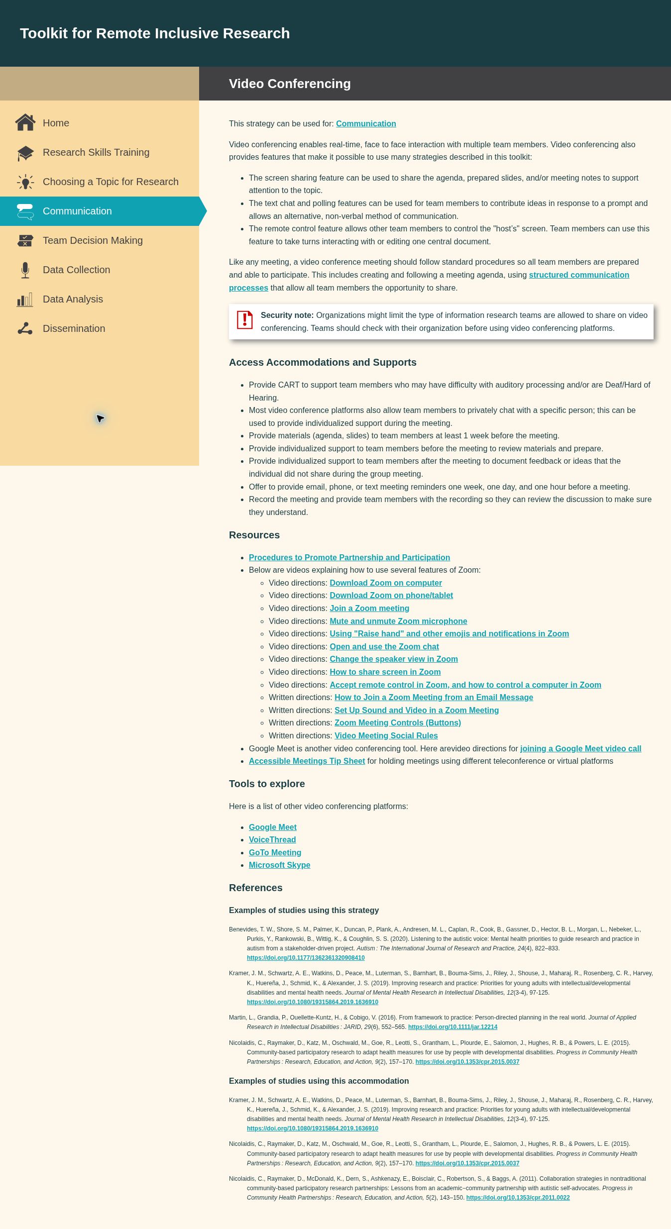 Video Conferencing page combining access accommodations with video instructions, written guides, and meeting resources.